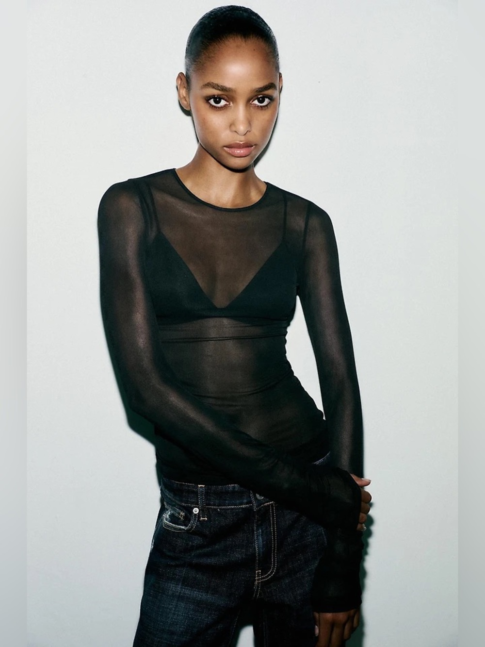 Ruched Black Sheer Long-Sleeve Mesh Top- Zara